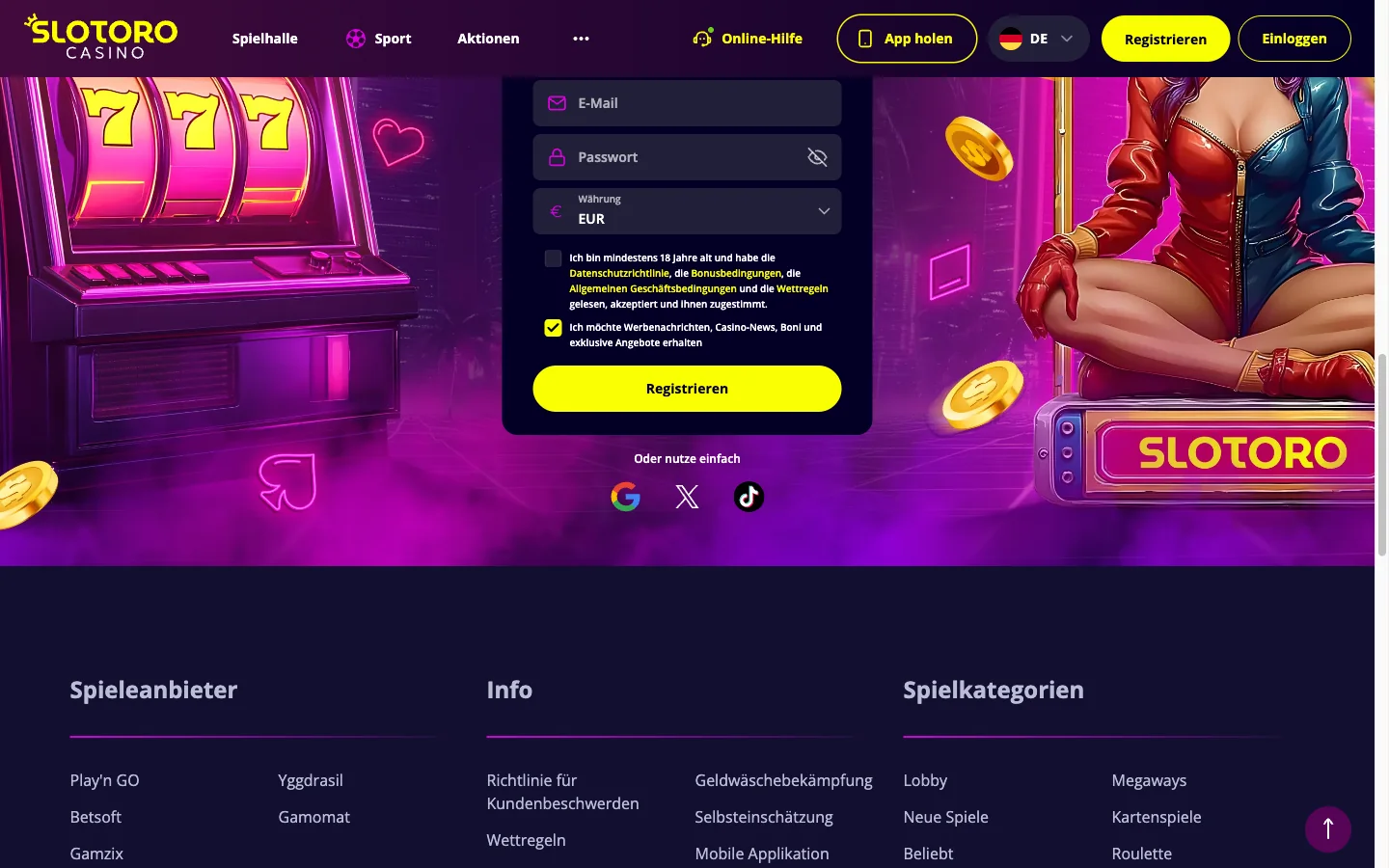 Slotoro Casino Anmeldeformular mit der Fußzeile und dem Link Mobile Applikation